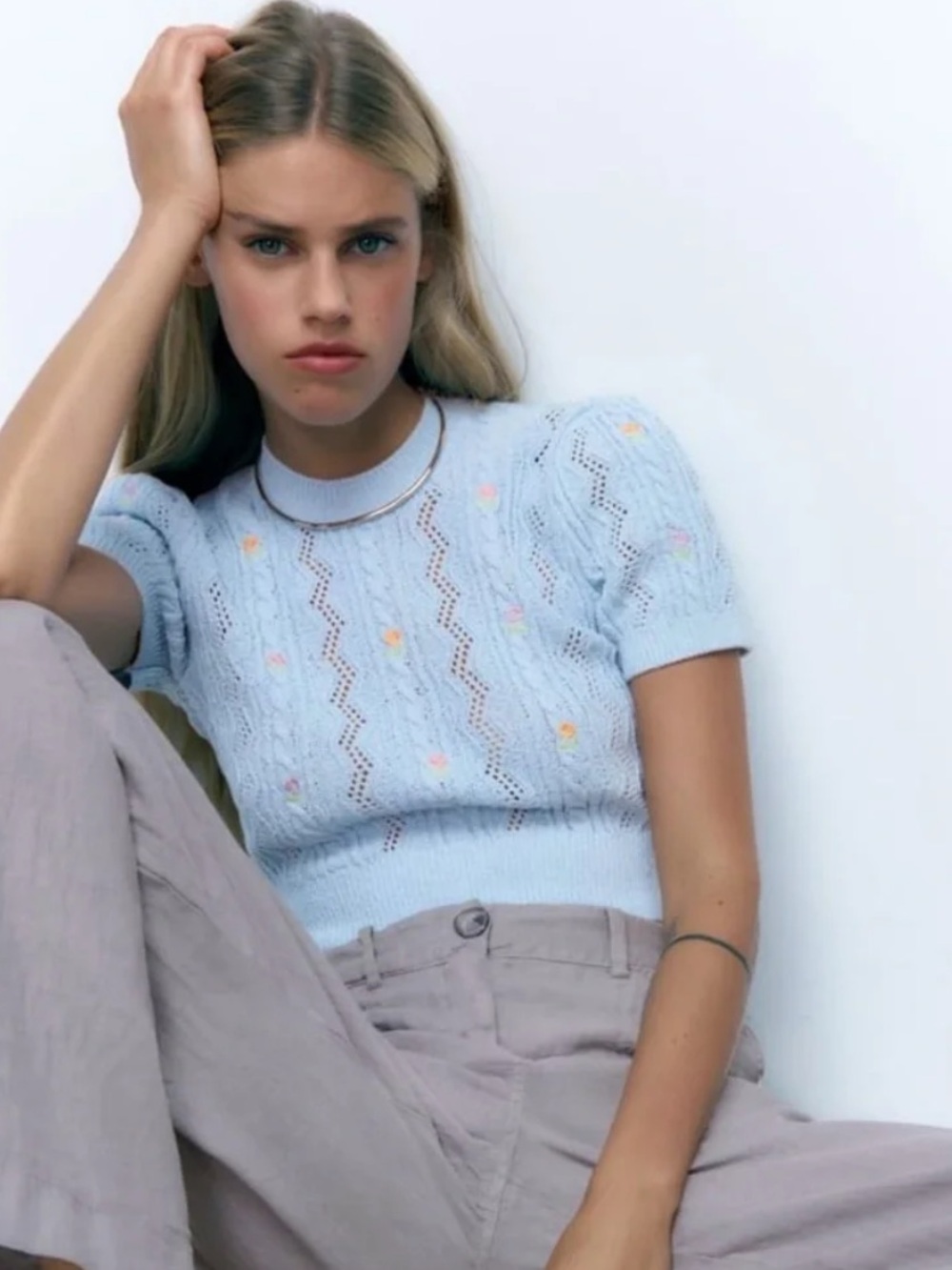 Zara Pale Blue Short-Sleeve Cable Knit Sweater with Small Floral . Size S .